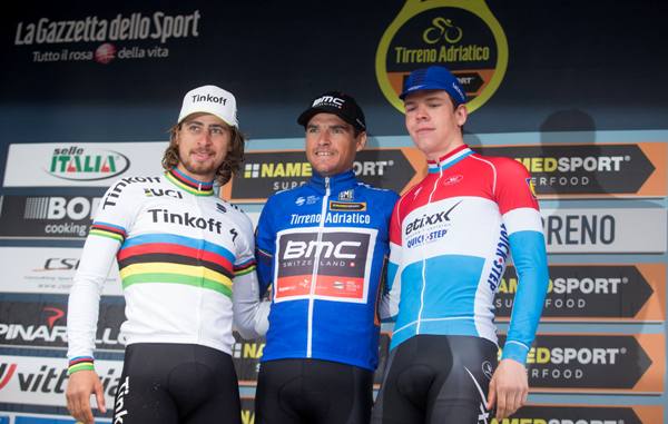 Tirreno Adriatico cycling race-Podio con Sagan, Van Avermaet e Jungels (Ansa)